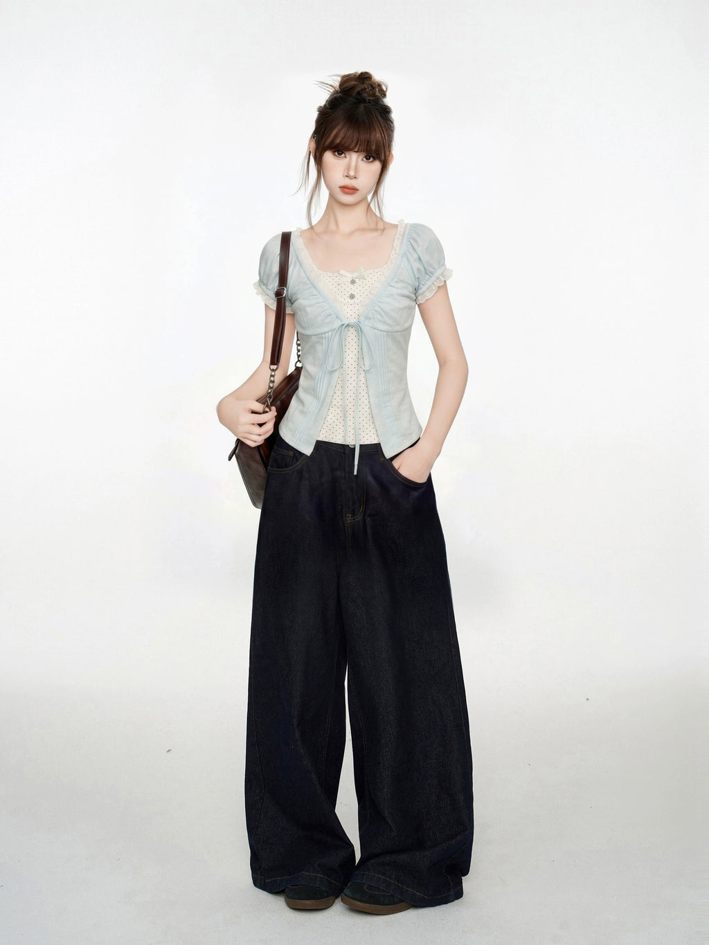 Blue V-Neck Lace Short Sleeve Blouse And Vest Two-Piece Set