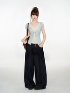 Blue V-Neck Lace Short Sleeve Blouse And Vest Two-Piece Set