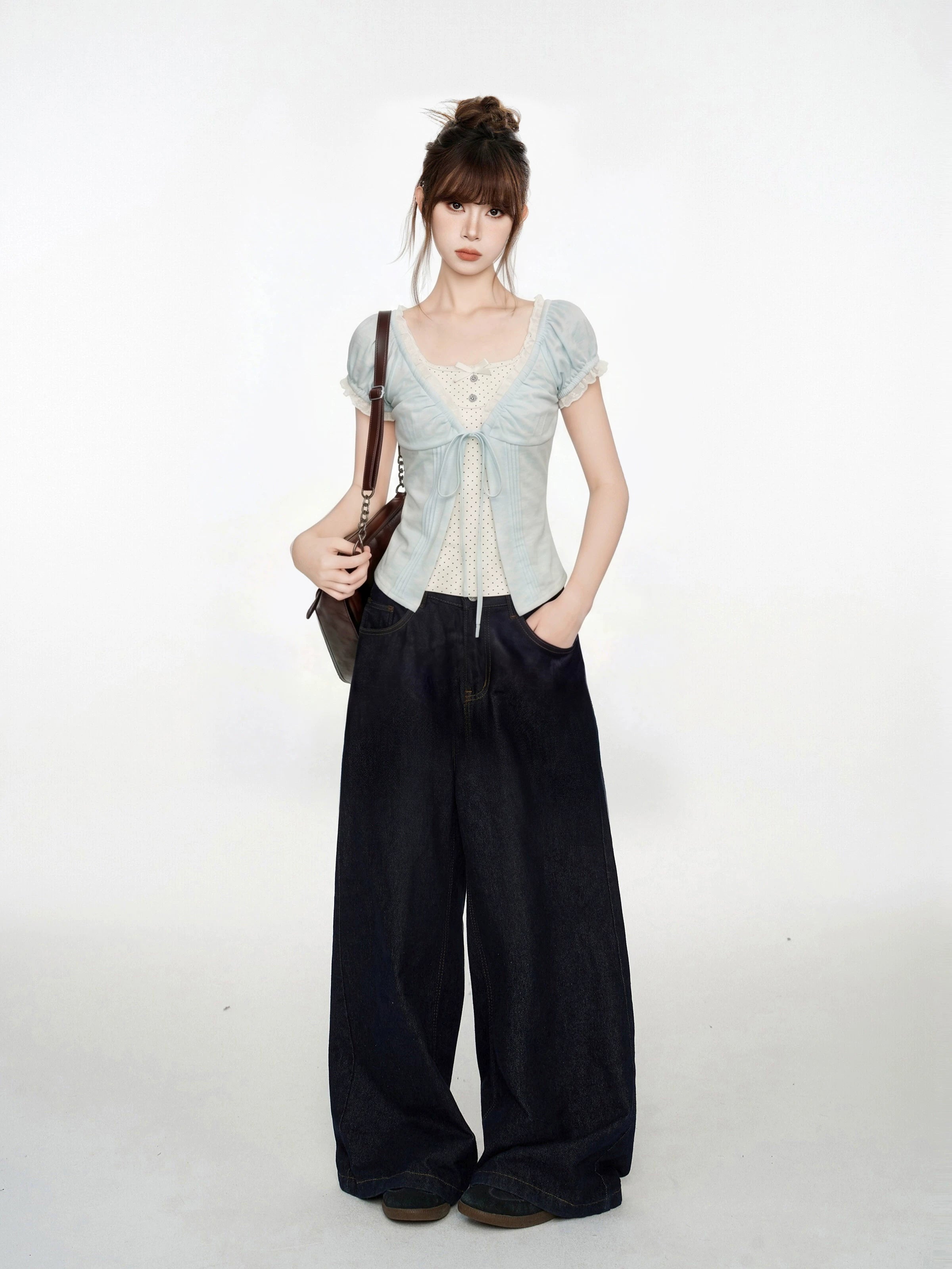 Blue V-Neck Lace Short Sleeve Blouse And Vest Two-Piece Set