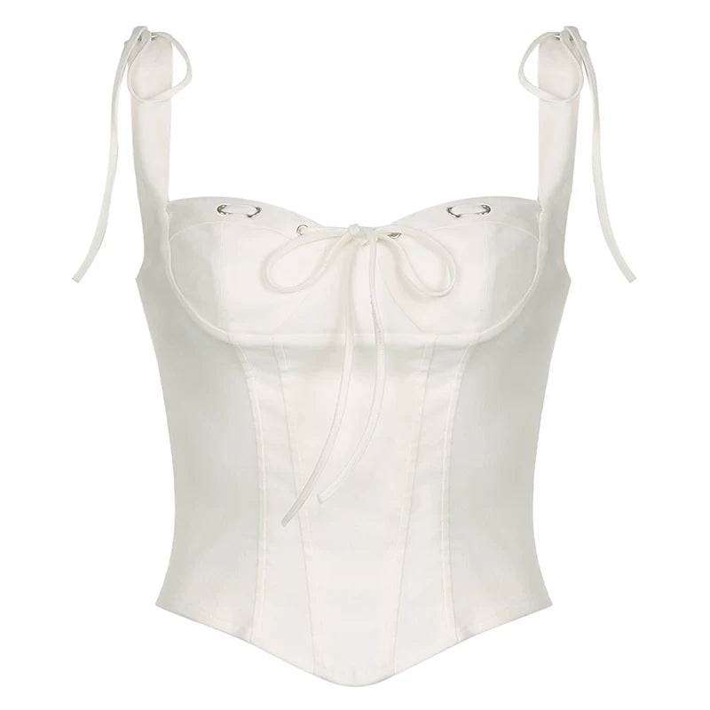 Women's White Tie-Detail Split Waist Camisole Top Sexy Low-Cut Slim