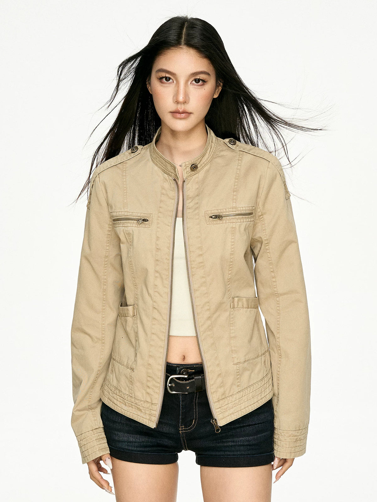 Retro Distressed Stand Collar Cropped Jacket - styled
