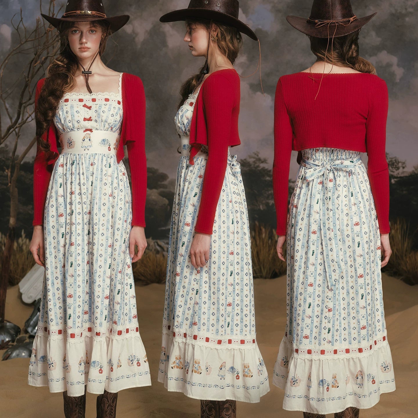 Bear Kitchen French Pastoral Sweet Print Striped Suspender Long Dress Blue Women Secondary image