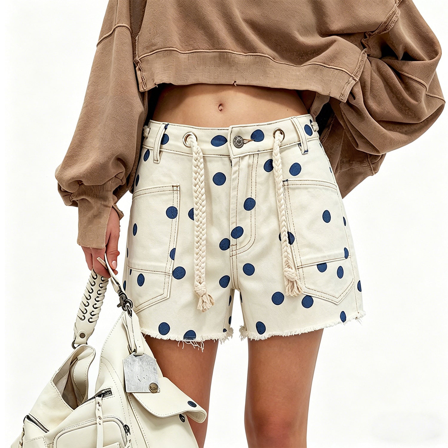 Women's High-Waist Denim Shorts Drawstring Polka Dot Rivet Secondary image