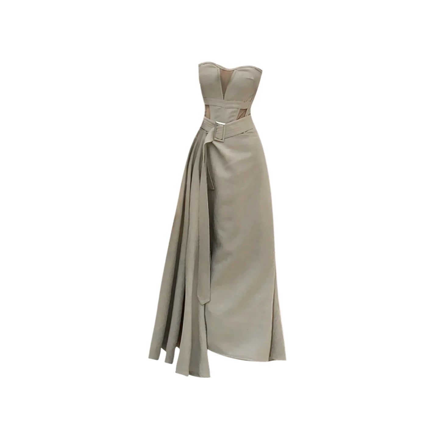 French Retro Light Khaki Mesh Stitching Fishbone Tube Top Long Skirt for Women Main image