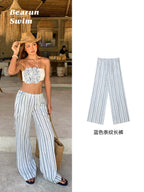 Women's Stripe High Waist Short Set Vest Tube Top Trousers