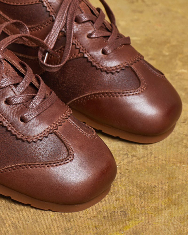 Retro Brown Nappa Leather Vintage Lace-Up Sneakers