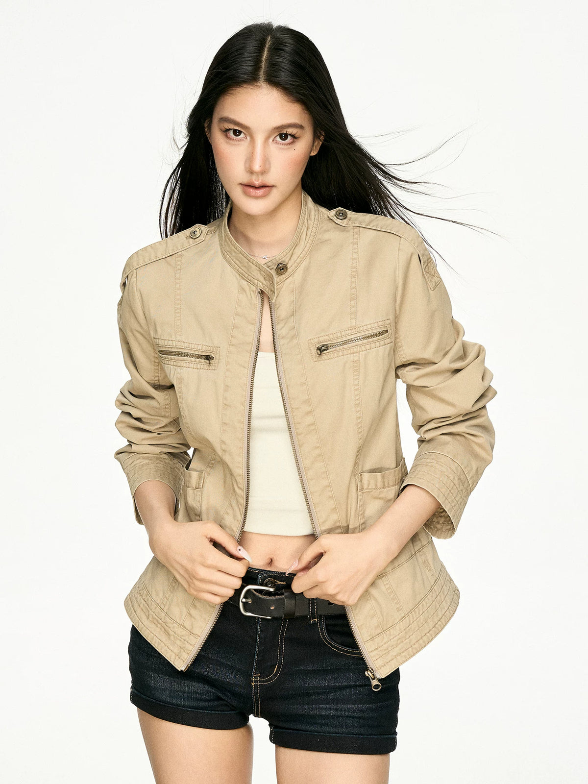 Retro Distressed Stand Collar Cropped Jacket - front view