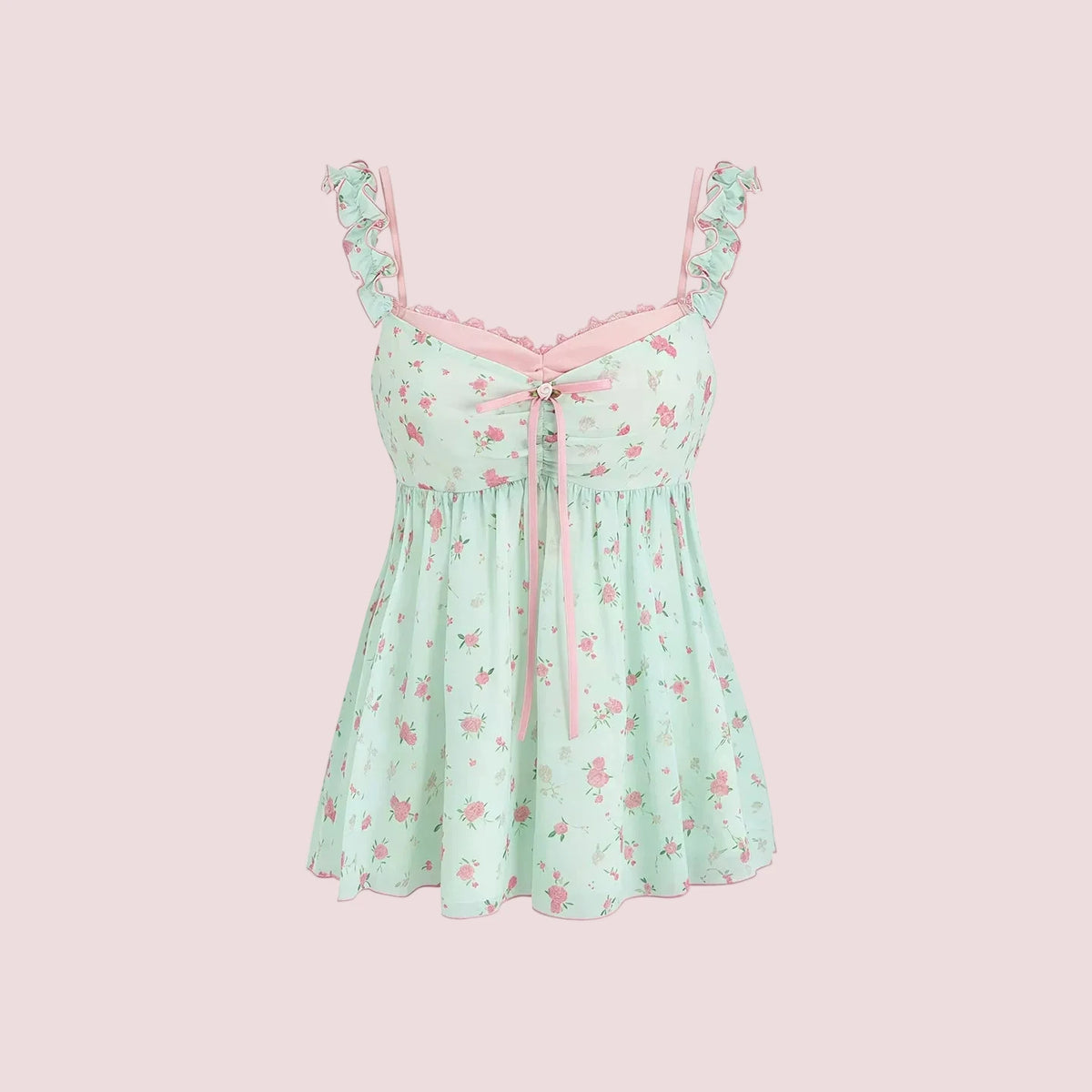 Pure Desire Sweet Floral Camisole Top Women's Mint Green Ruffle Loose Casual