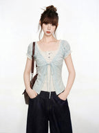 Blue V-Neck Lace Short Sleeve Blouse And Vest Two-Piece Set