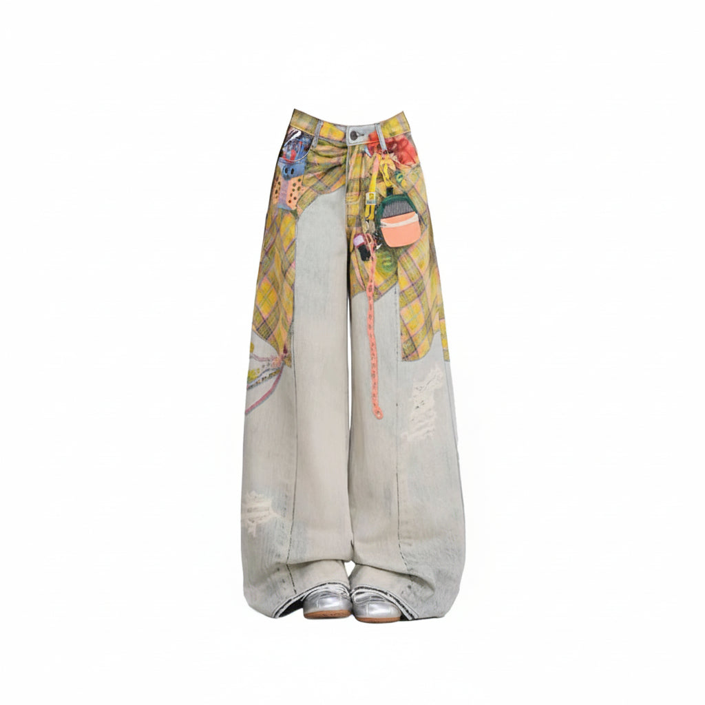 American Style Retro High Waist Loose Fit Denim Blue Trousers for Women