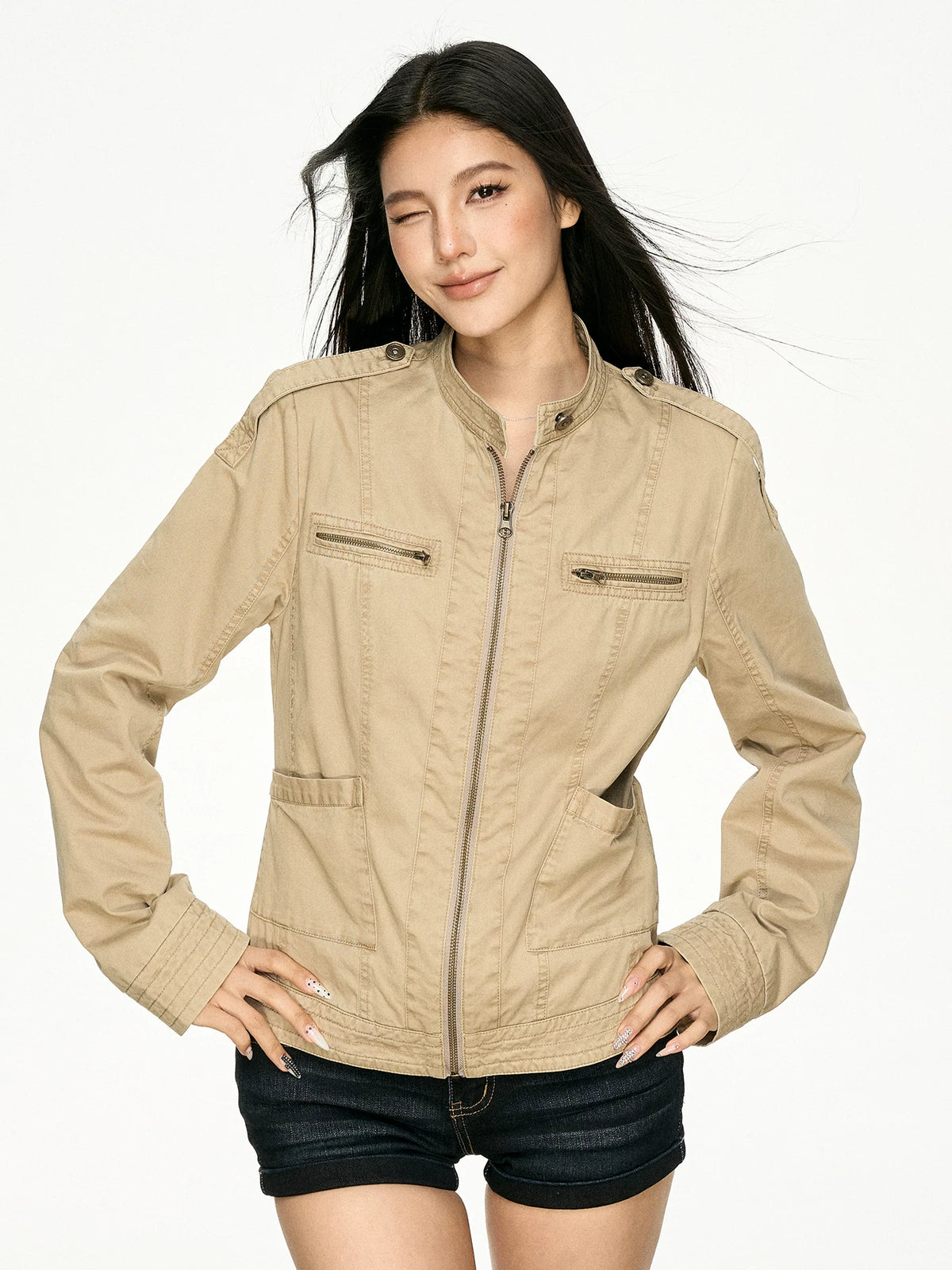 Retro Distressed Stand Collar Cropped Jacket - detail