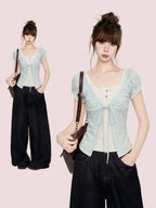 Blue V-Neck Lace Short Sleeve Blouse And Vest Two-Piece Set