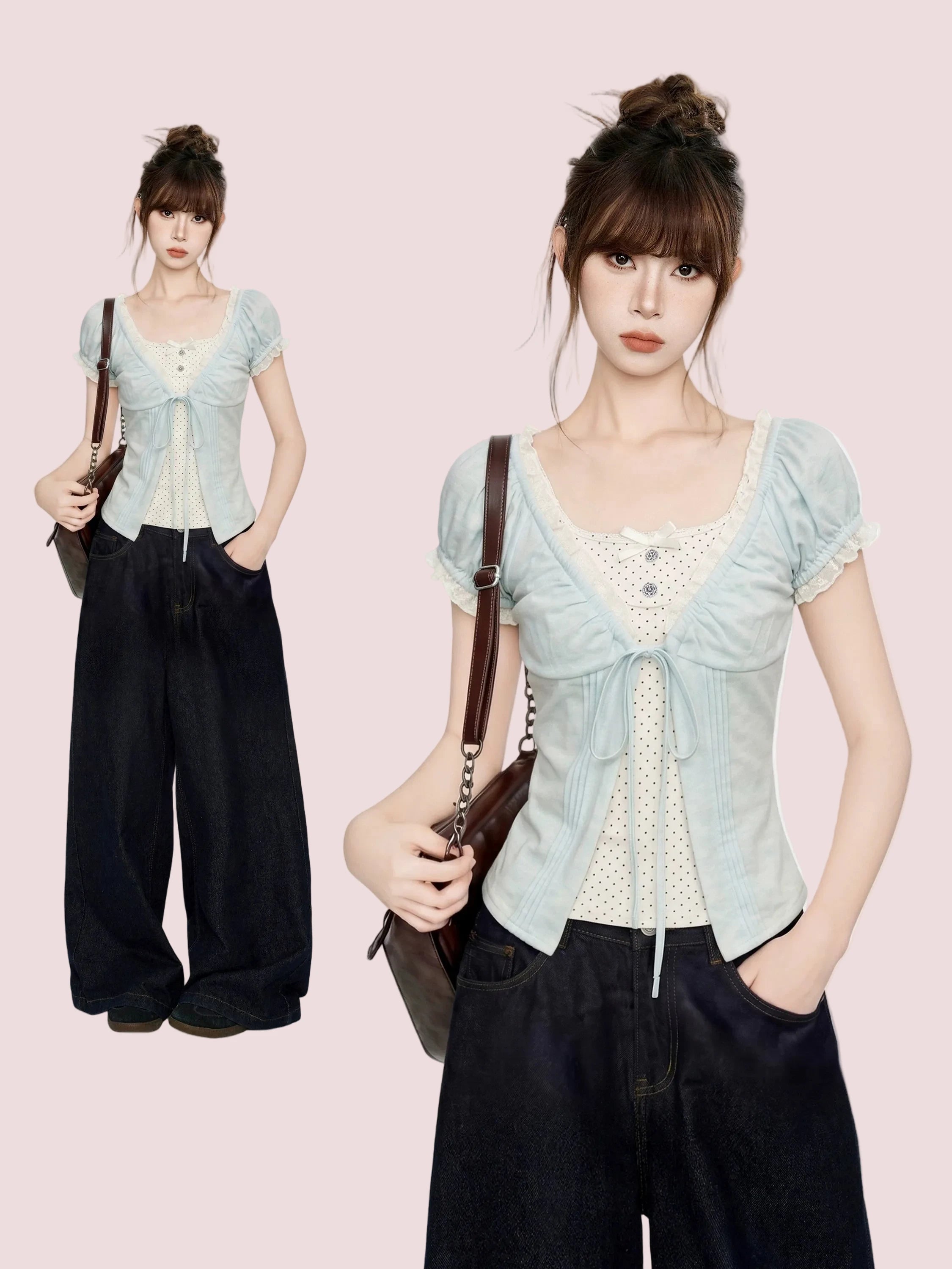 Blue V-Neck Lace Short Sleeve Blouse And Vest Two-Piece Set Main image