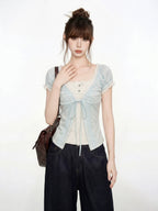 Blue V-Neck Lace Short Sleeve Blouse And Vest Two-Piece Set