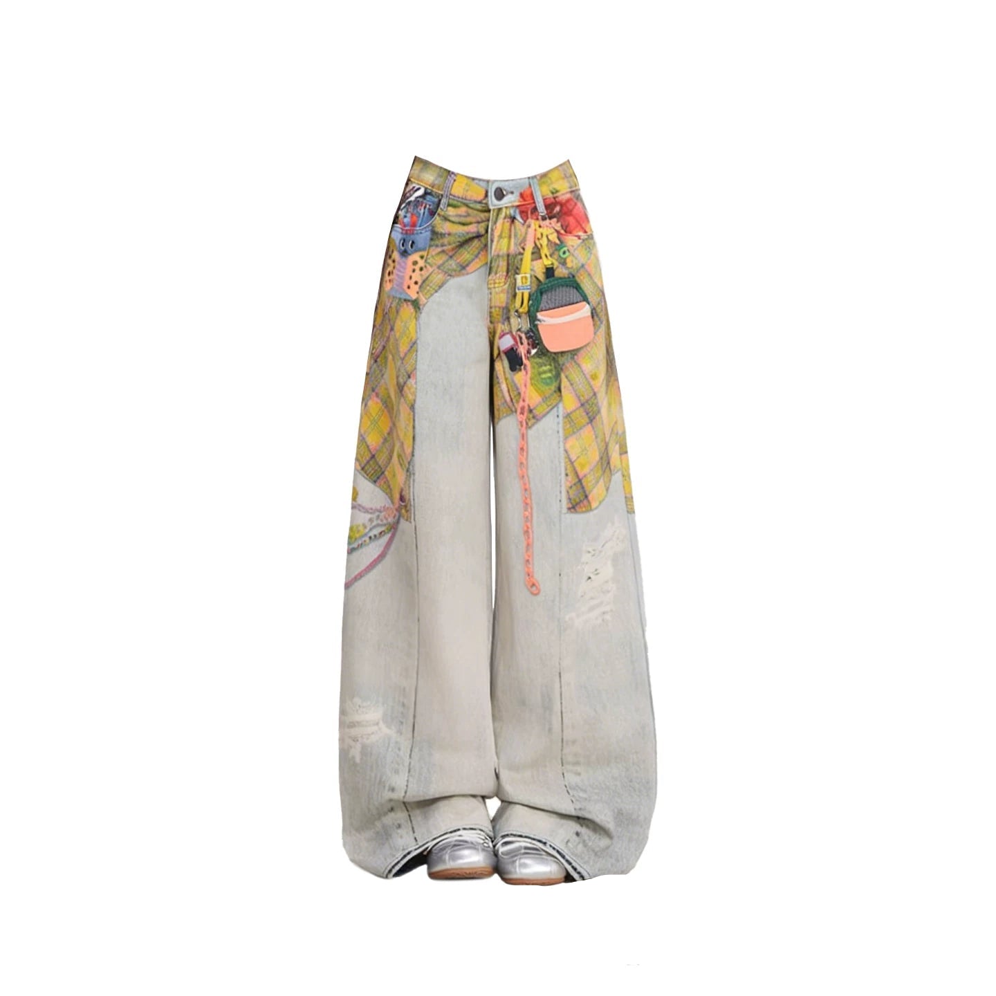 American Style Retro High Waist Loose Fit Denim Blue Trousers for Women