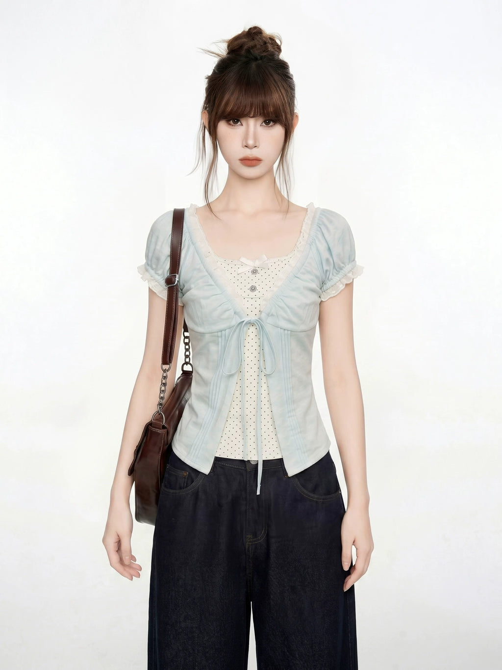 Blue V-Neck Lace Short Sleeve Blouse And Vest Two-Piece Set