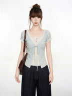 Blue V-Neck Lace Short Sleeve Blouse And Vest Two-Piece Set