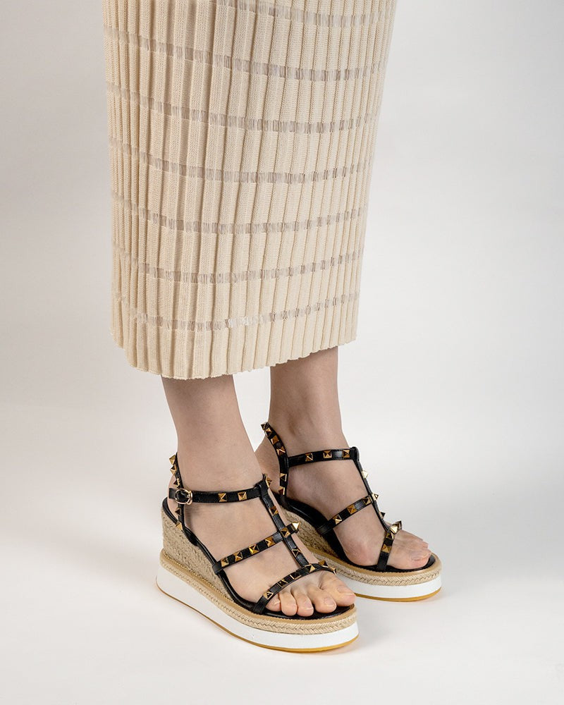 Studded Adjustable Ankle Strap Espadrille Wedges Chunky Platform Sandals