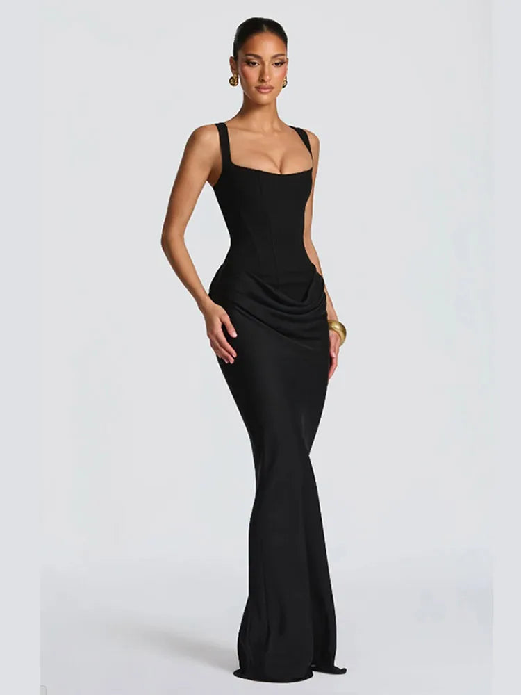Women's Black Velvet Sheer Maxi Dress Mesh Patchwork Off-shoulder Waist Cinching Main image