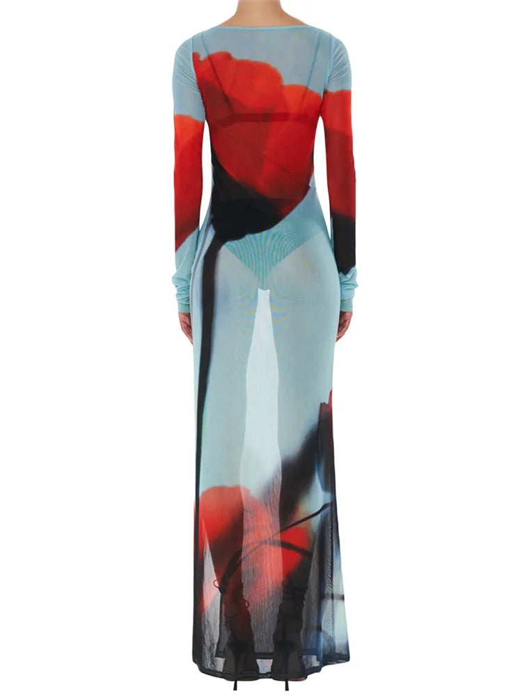 Women's Sheer Mesh Flower Long Dress Long Sleeve Boat Neck Side Split Midi Dress