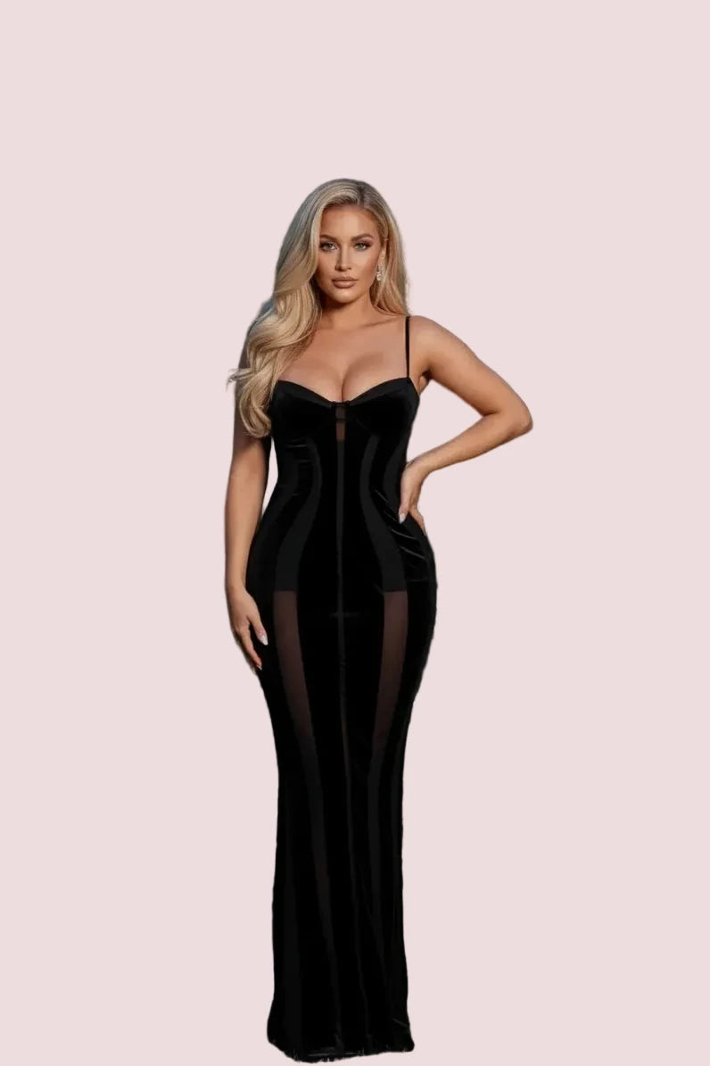 Women's Black Velvet Sheer Maxi Dress Mesh Patchwork Off-shoulder Waist Cinching