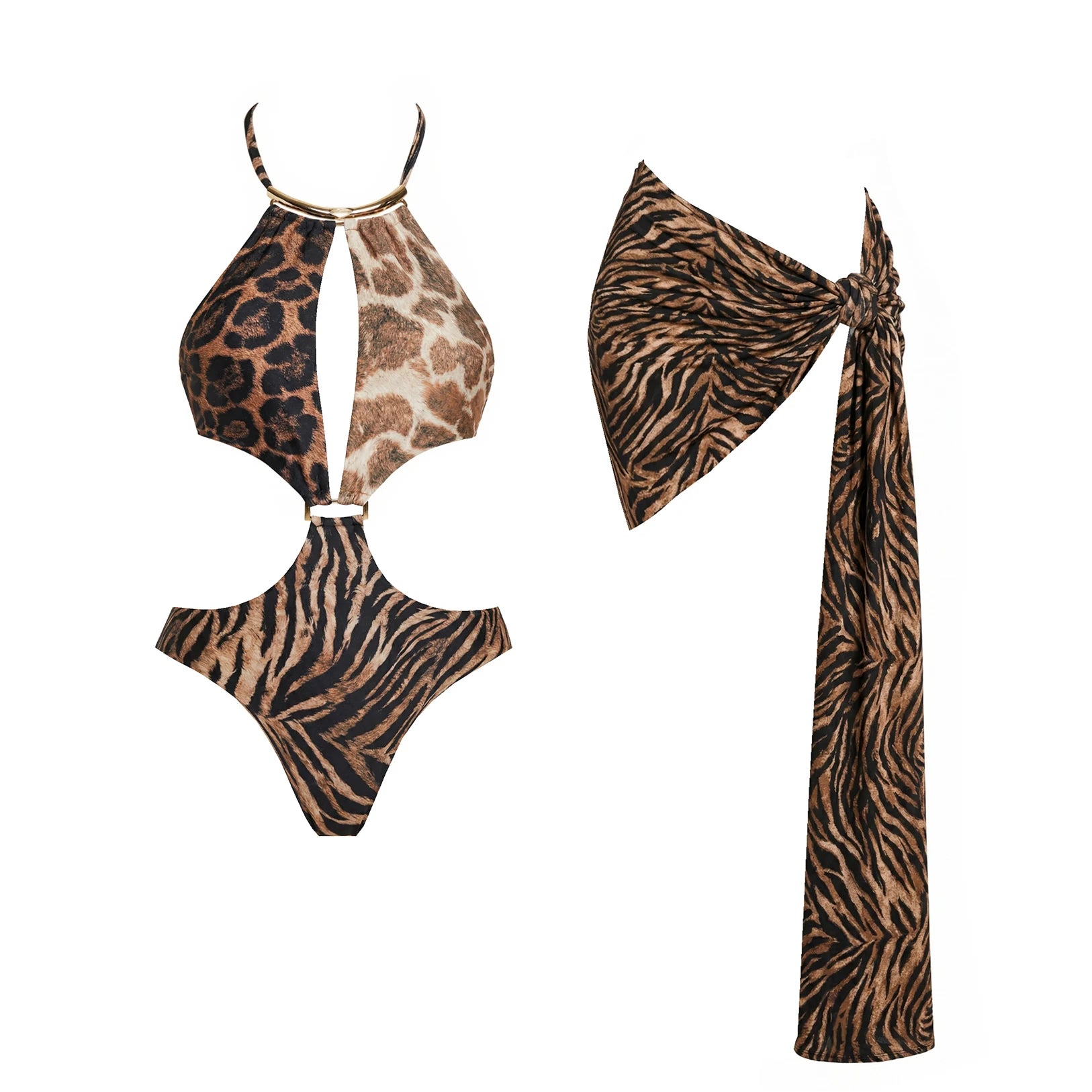 Women's 2 Piece Halter Bikini Set Printed Push Up Swimsuit With Mini Skirt Secondary image