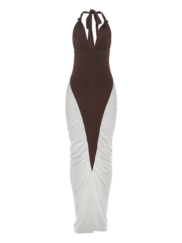 Women's Ruched Elegant Long Dress Halter Backless Contrast Patchwork Secondary image