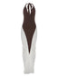 Women's Ruched Elegant Long Dress Halter Backless Contrast Patchwork