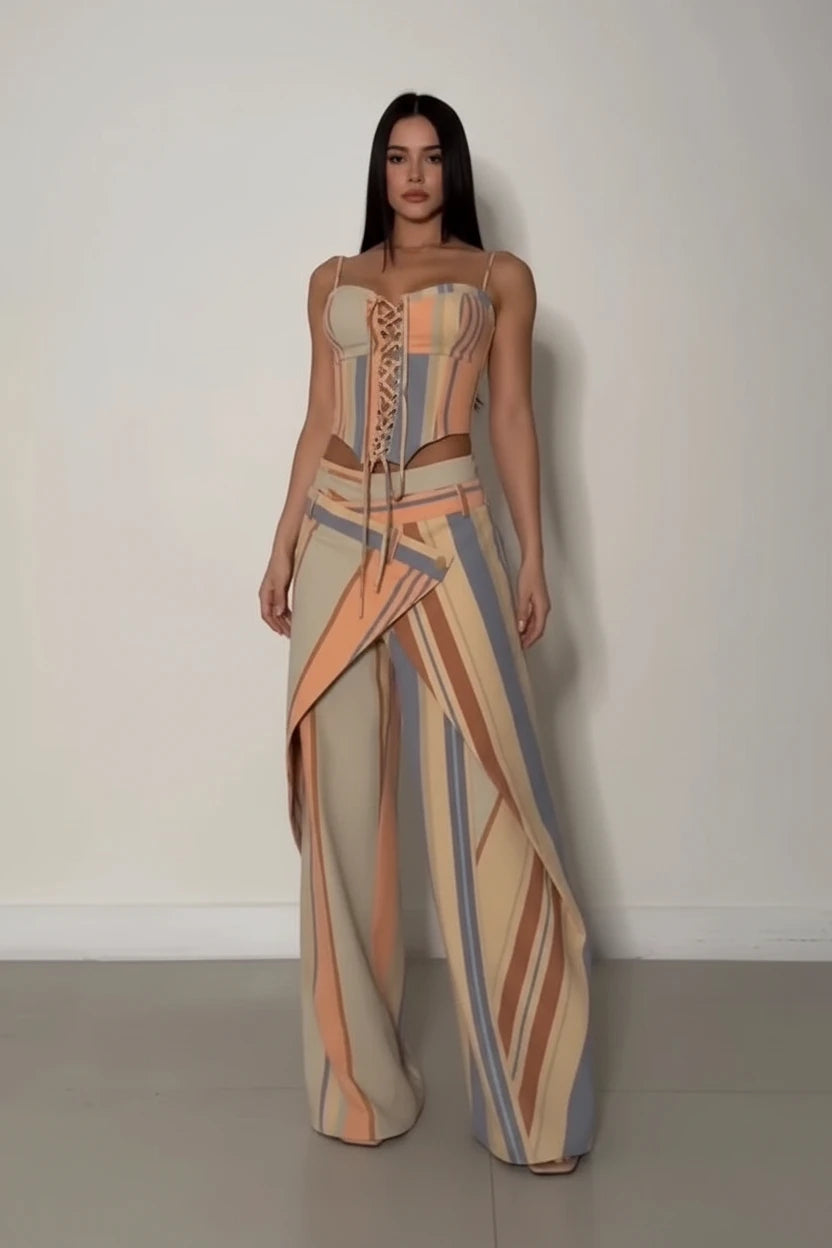 Women's Print Vest and Pleated Pants Set Lace Up