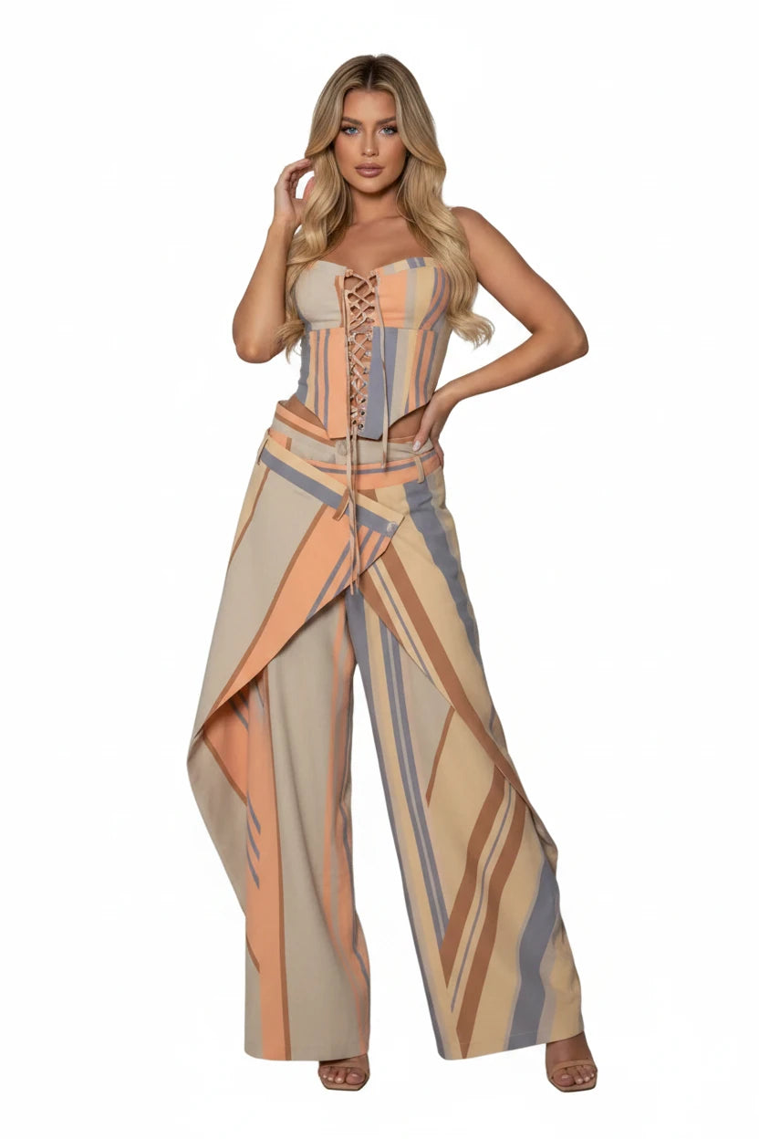 Women's Print Vest and Pleated Pants Set Lace Up