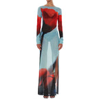 Women's Sheer Mesh Flower Long Dress Long Sleeve Boat Neck Side Split Midi Dress