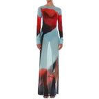 Women's Sheer Mesh Flower Long Dress Long Sleeve Boat Neck Side Split Midi Dress