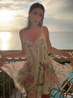 Women's V-Neck Lace Hollow Out A-Line Spaghetti Strap Pleated Printed Dress