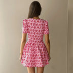 Floral Print V-Neck Pleated Mini Dress - Slim Fit Lace-Up Summer Vacation Outfit