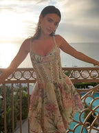 Women's V-Neck Lace Hollow Out A-Line Spaghetti Strap Pleated Printed Dress