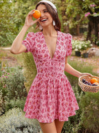 Floral Print V-Neck Pleated Mini Dress - Slim Fit Lace-Up Summer Vacation Outfit