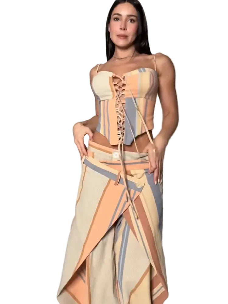 Women's Print Vest and Pleated Pants Set Lace Up