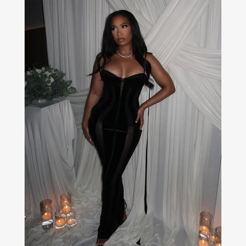 Women's Black Velvet Sheer Maxi Dress Mesh Patchwork Off-shoulder Waist Cinching