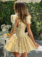 Floral Print V-Neck Pleated Mini Dress - Slim Fit Lace-Up Summer Vacation Outfit