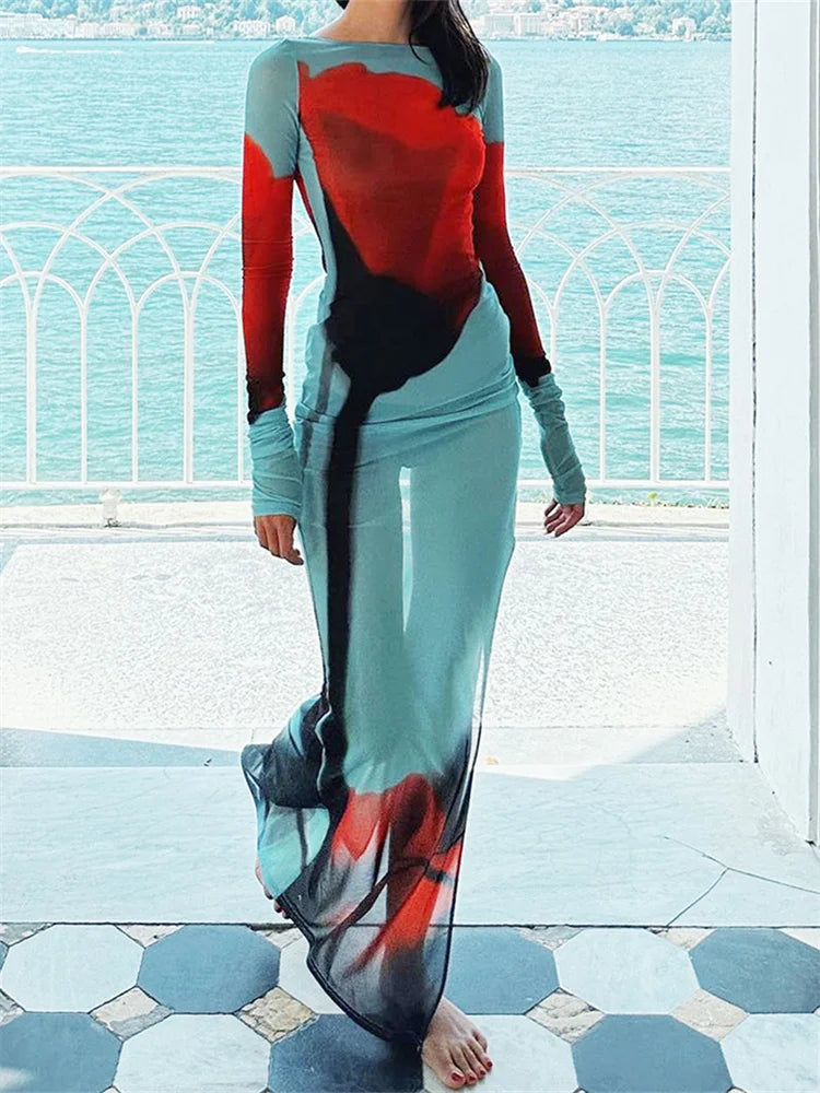 Women's Sheer Mesh Flower Long Dress Long Sleeve Boat Neck Side Split Midi Dress