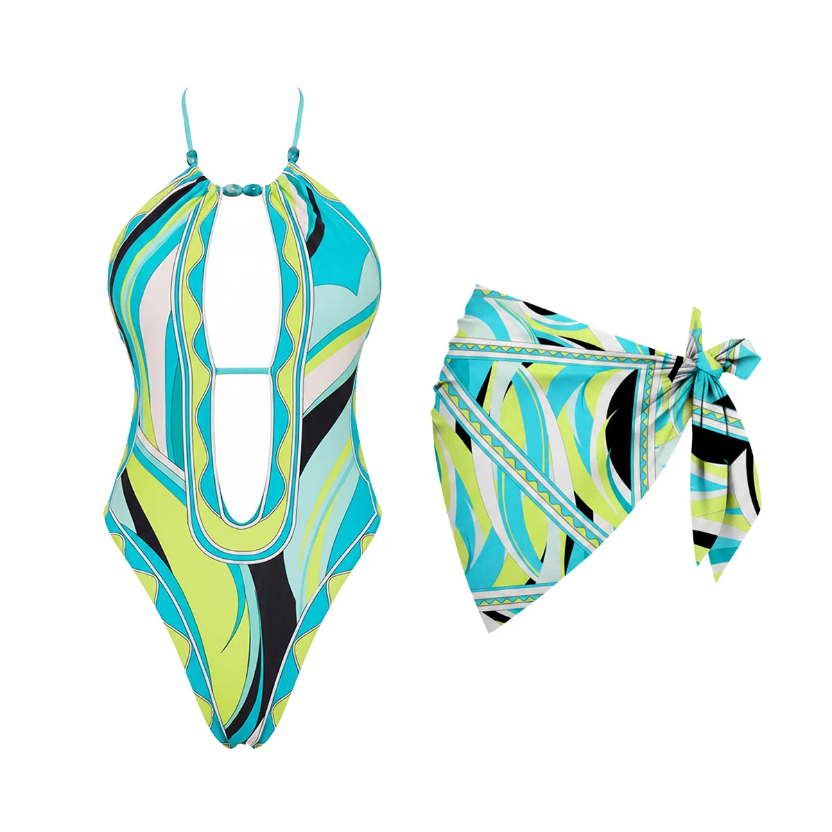 Women's Sexy Shell Belt One Piece Swimsuit With Skirt Two-Piece Set Main image