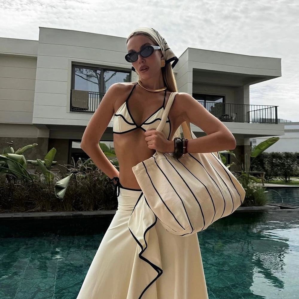 Women's 3 Piece Micro Bikini Set With Long Skirt Beachwear Cover Up