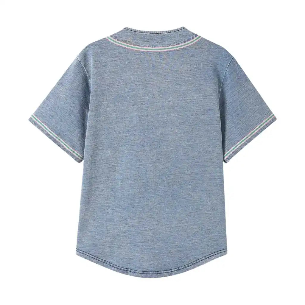 Greek Letter Embroidered Button Women's Denim Baseball Jersey Light Blue Secondary image