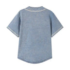 Greek Letter Embroidered Button Women's Denim Baseball Jersey Light Blue
