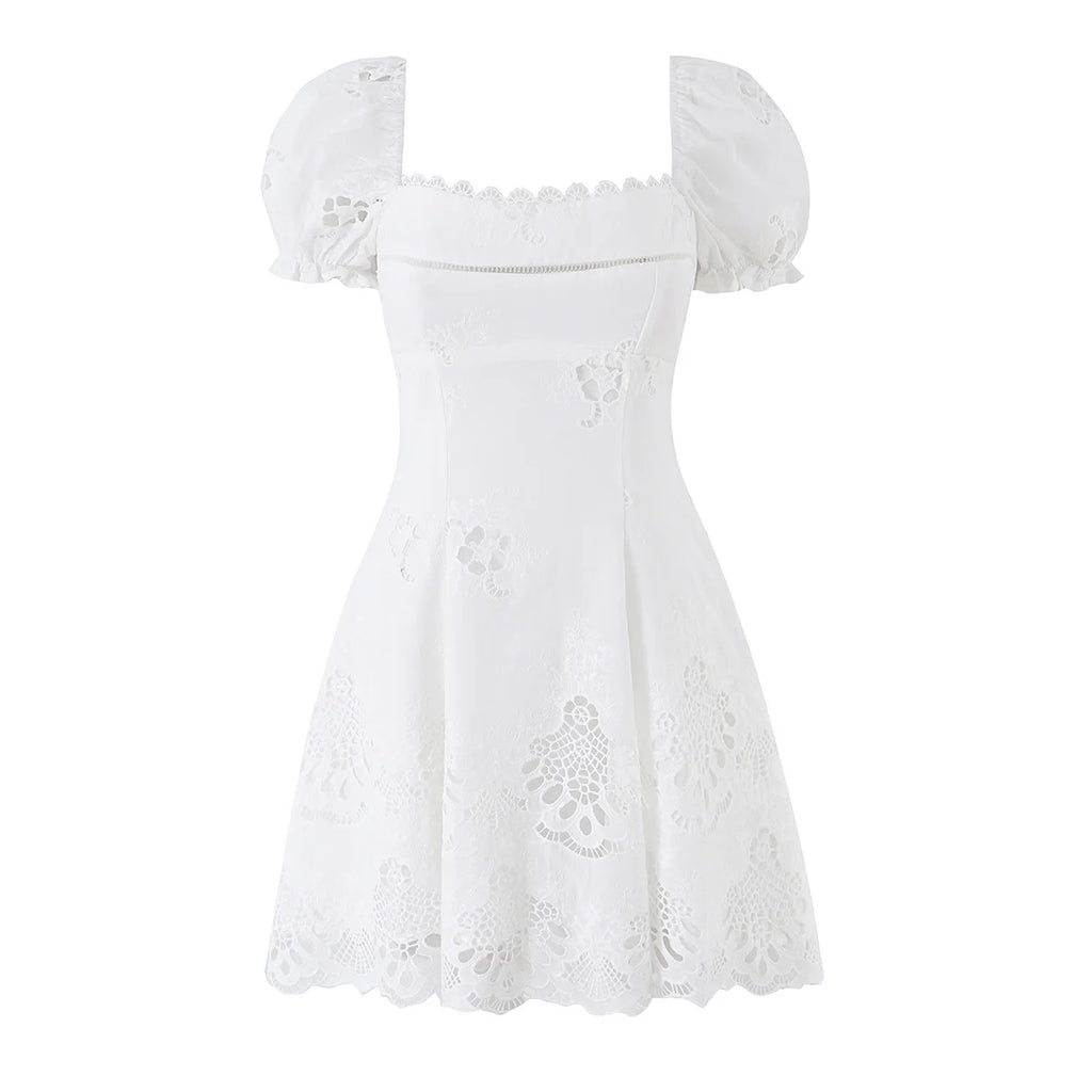 Women's Cotton Lace Embroidered Hollow Out Bubble Sleeve A-Line Mini Dress