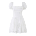 Women's Cotton Lace Embroidered Hollow Out Bubble Sleeve A-Line Mini Dress