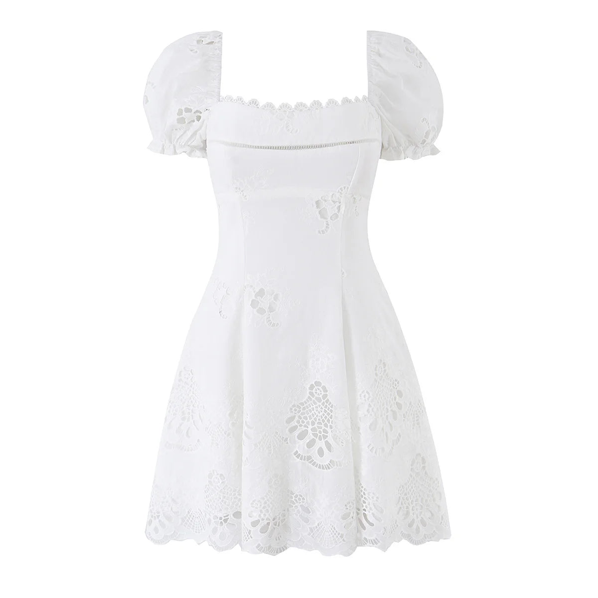 Women's Cotton Lace Embroidered Hollow Out Bubble Sleeve A-Line Mini Dress