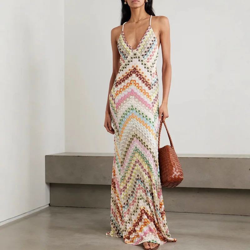 Bohemian Chevron Halter Maxi Dress Deep V-Neck Backless Secondary image