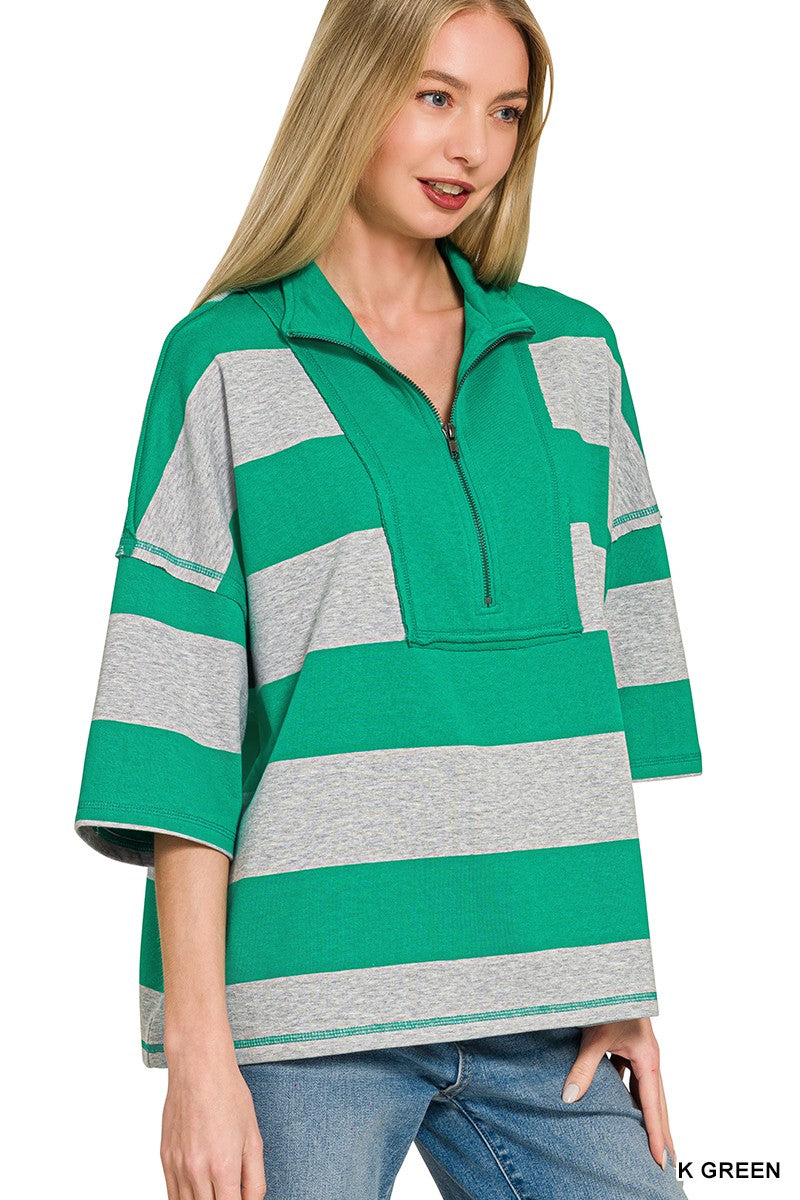Zenana Frenchterry Striped Half Zip Top & Shorts Set Secondary image