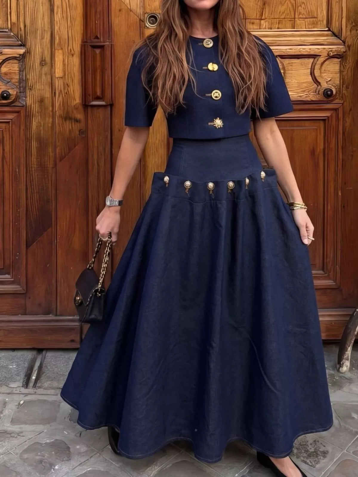 Gold Button Top and Skirt Denim Set - photo 2